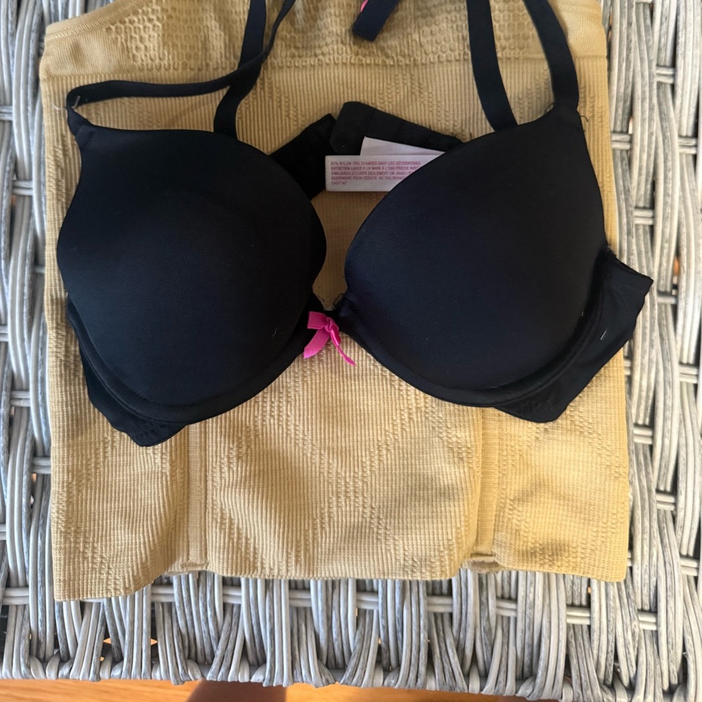 32A Black Bra with Pink Accent & XS Spandex one shoulder support top XS